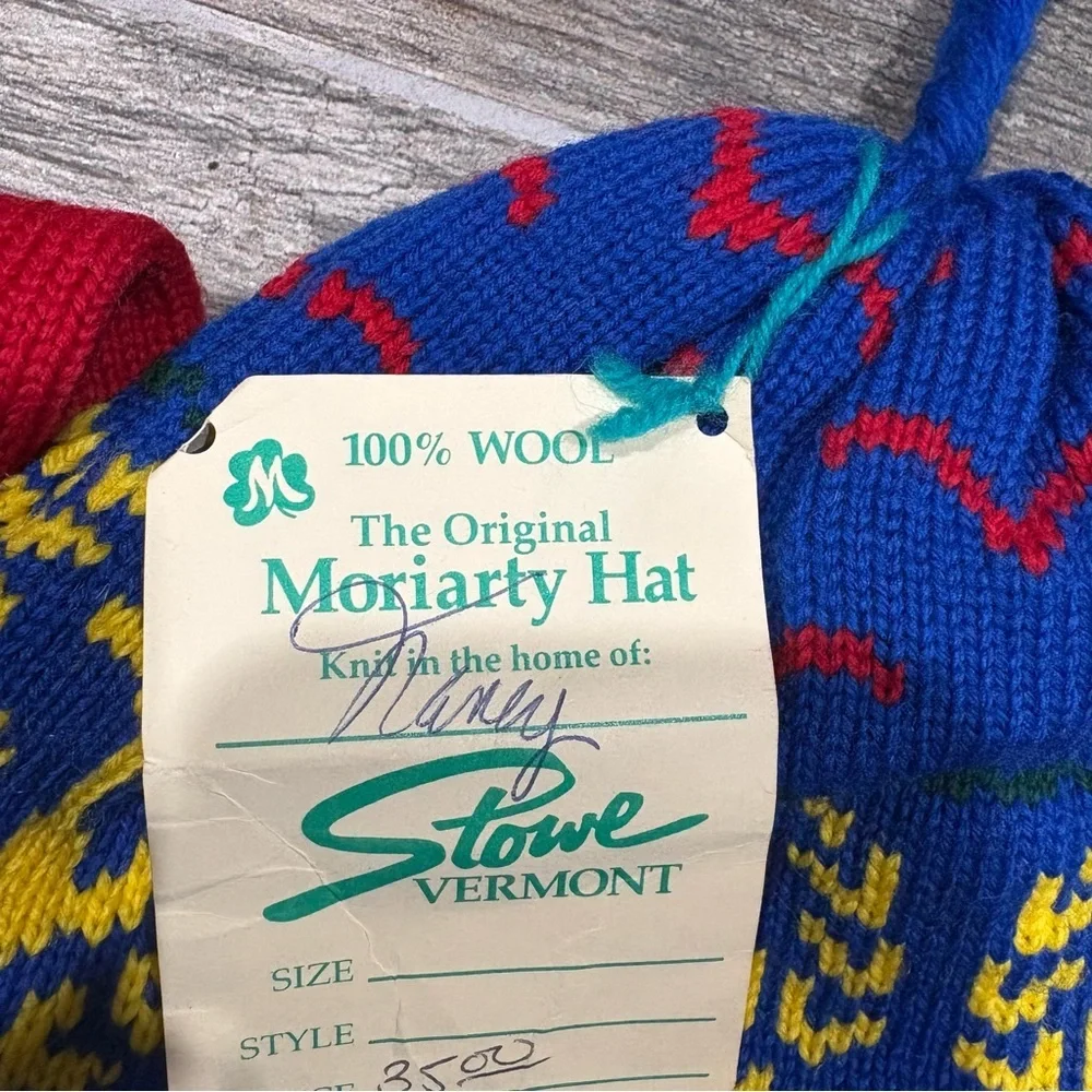 Vtg 100% Wool Handknit Scarf Hat Set Red Blue Nautical Tassel Fringe Vermont